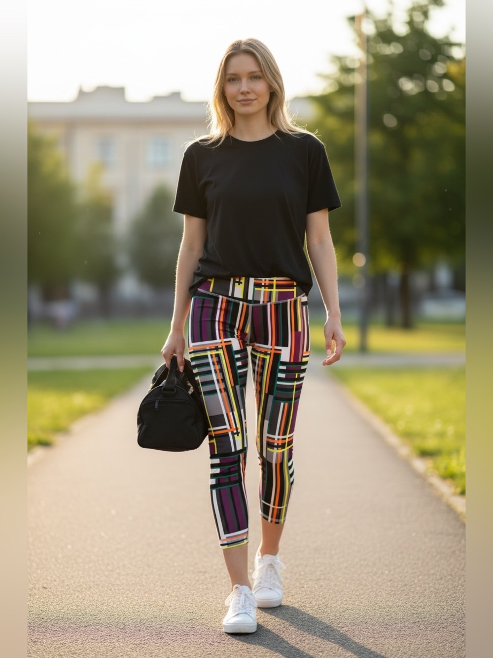 Fabletics Purple, Black, Gray & Neon Stripe High-Waist Leggings